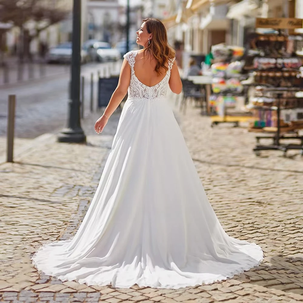 Plus Size V Neck Illusion Lace Wedding Dress Scalloped Cap Sleeves Embroidered Bodice Chiffon A Line Skirt with Chapel Train
