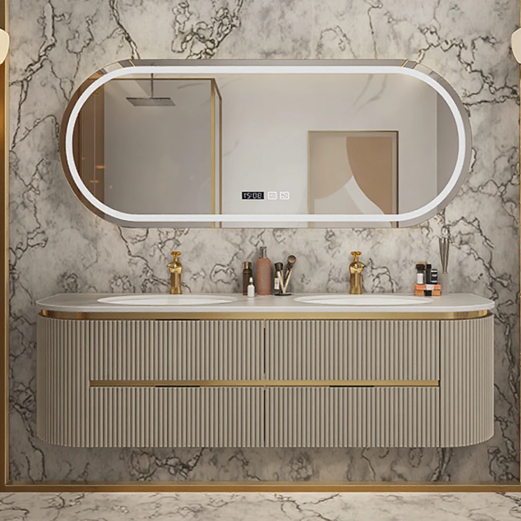Wall Mounted Luxury Australian Style Curved Ribbed Wall Hung Bathroom Vanity Cabinets with Light for Home/hotel