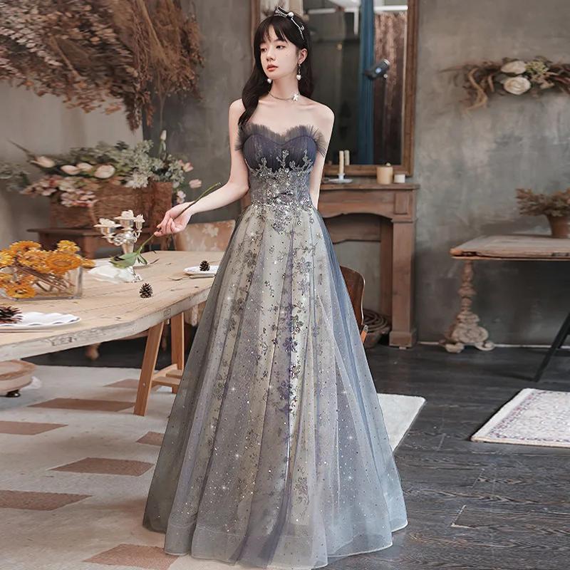 

Beauty-Emily Elegant Strapless Evening Dresses Long Women Party Dress Sequins Appliques Formal Gowns Tulle Lace Up Back Prom