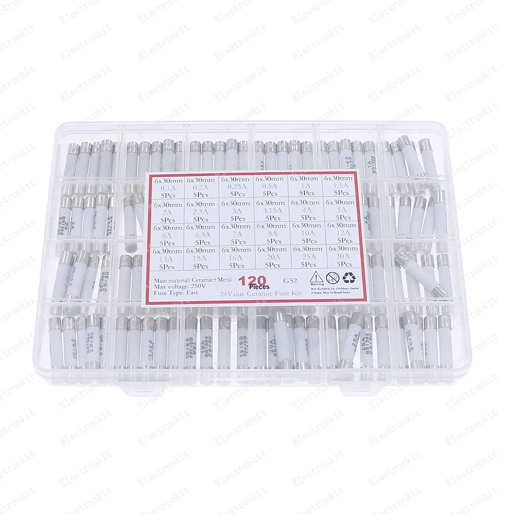 Kit de caja de fusibles de cerámica de soplado rápido, 120 piezas, 24 valores, 6x30mm, 250V, 0.1A, 0.2A, 0.5A, 1A, 1.5A, 2A, 3A, 3,15a, 4A, 5A, 6A, 7A, 8A, 10A, 15A, 16A, 20A, 30A