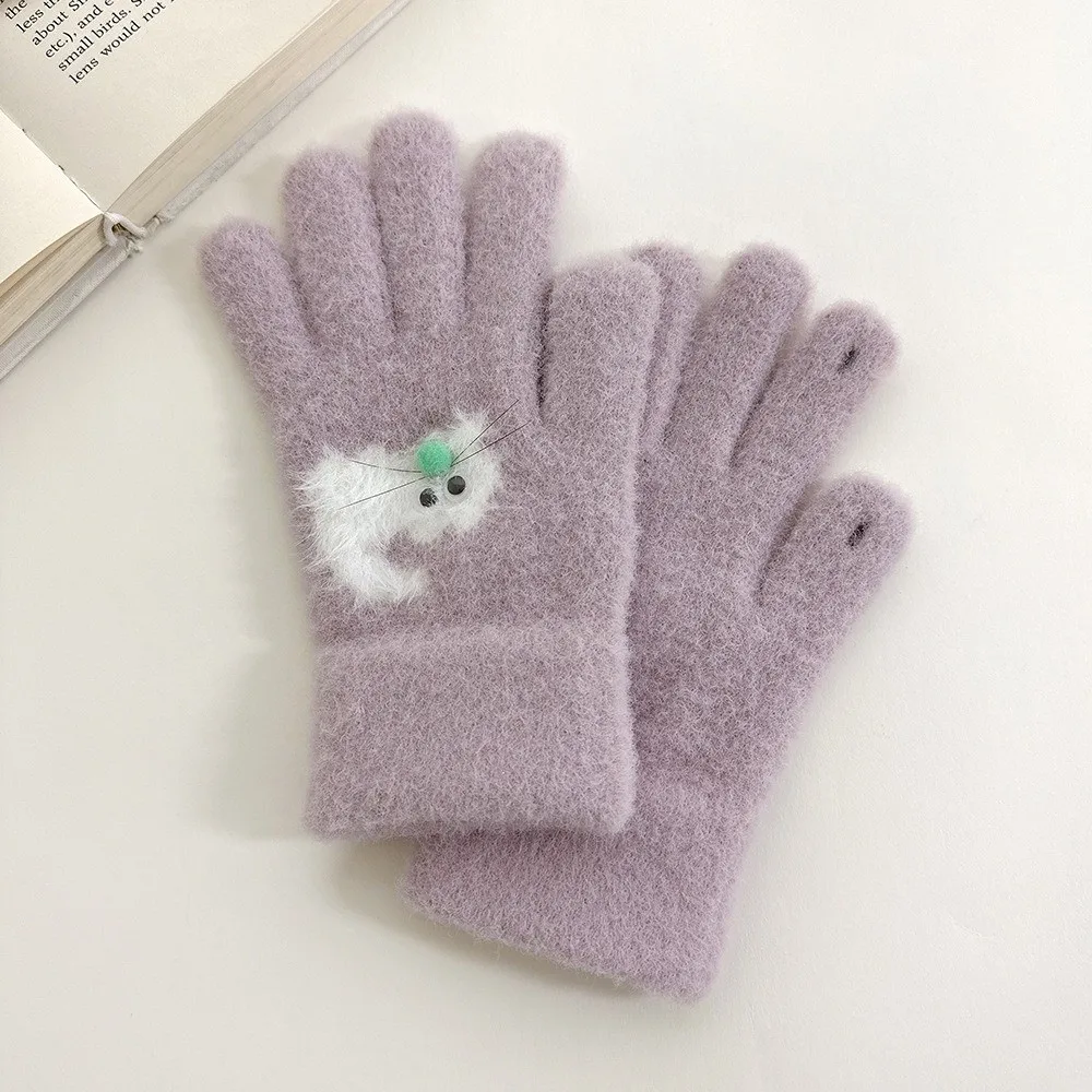 1 Pair New Warm Women's Winter Glove Knitted Thickened Knitted Glove Faux Mink Fur Stretchy Cute Cat Jacquard Glove Outings