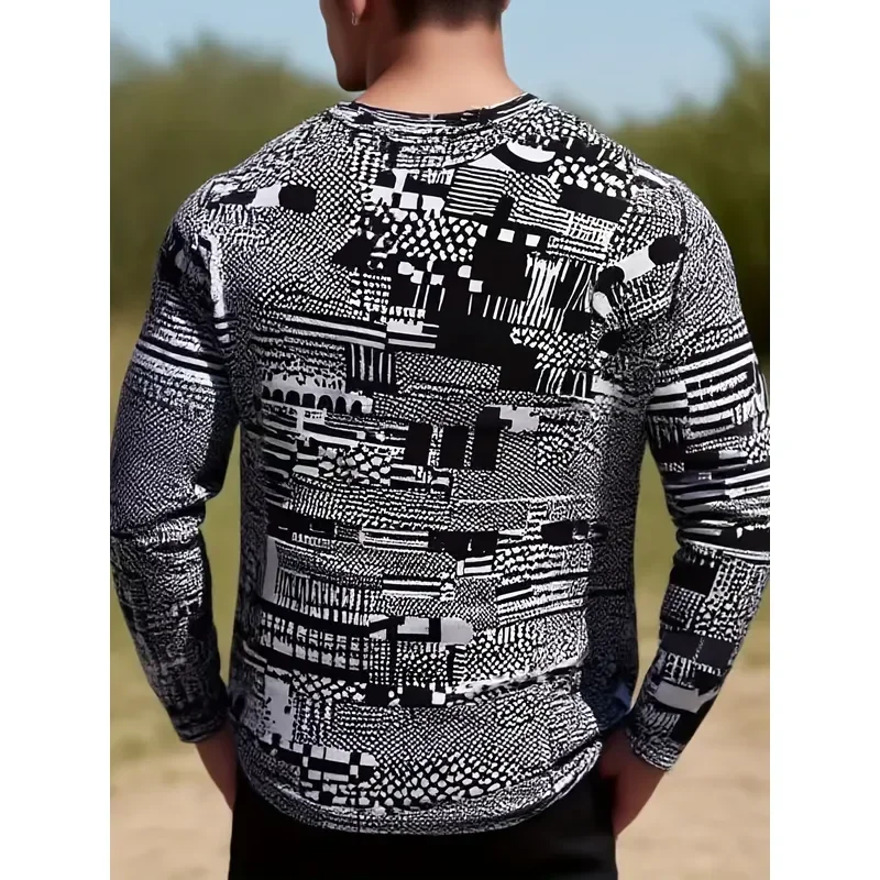 3D Printed Casual Long Sleeve Men T Shirt 2026 Pixel Square Graphic Tee Comfortable Polyester Fitness Tight Pullover Spring