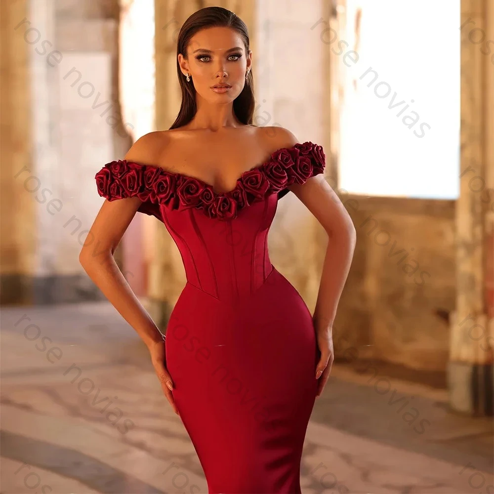 Vestidos de noite de alta qualidade fora do ombro cetim 3d flores sereia vestidos de noite com decote em v sem mangas trompete formal vestido de festa