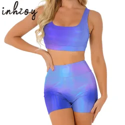 Women Shiny Metallic Dance Set Sexy Tight 2 Pcs Workout Sport Outfits Crop Vest Tops&Shorts Pole Dancing Clubwear Swimsuit