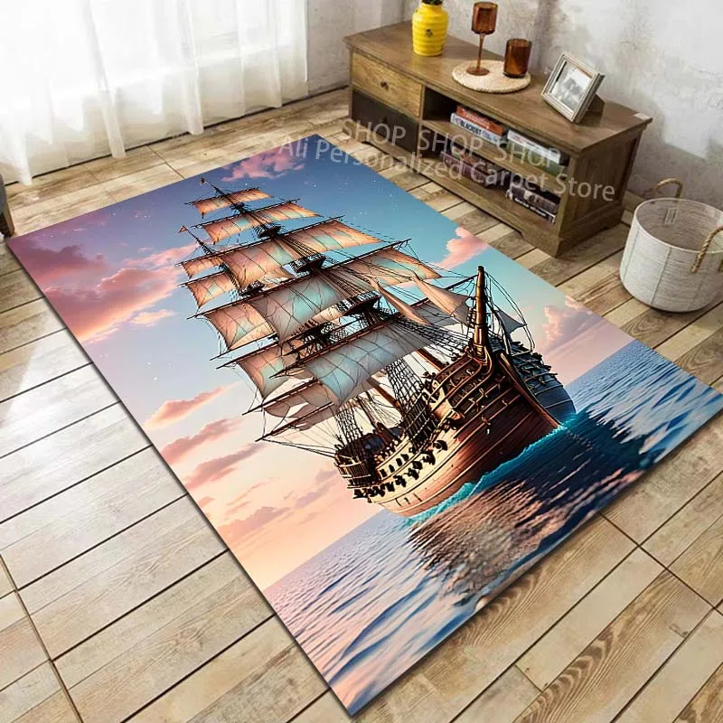 6 Style Retro Pirate Sailboat Pattern Carpet for Living Room Bedroom Sofa Home Decor Non-slip Floor Mat Large Size for Gifts