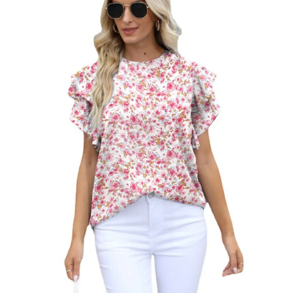 

Women's Summer Chiffon Shirt round Neck Printed Ruffled Short-Sleeved Floral Pullover T-Shirt European American Style