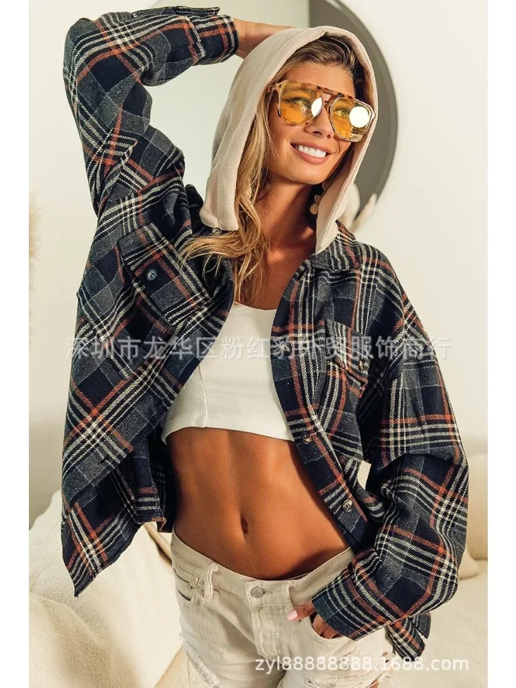 Autumn Winter Tweed Plaid Coat Vintage Hooded Jacket Single Breasted Harajuku Outerwear Long Sleeve Tops Streetwear Design Trend