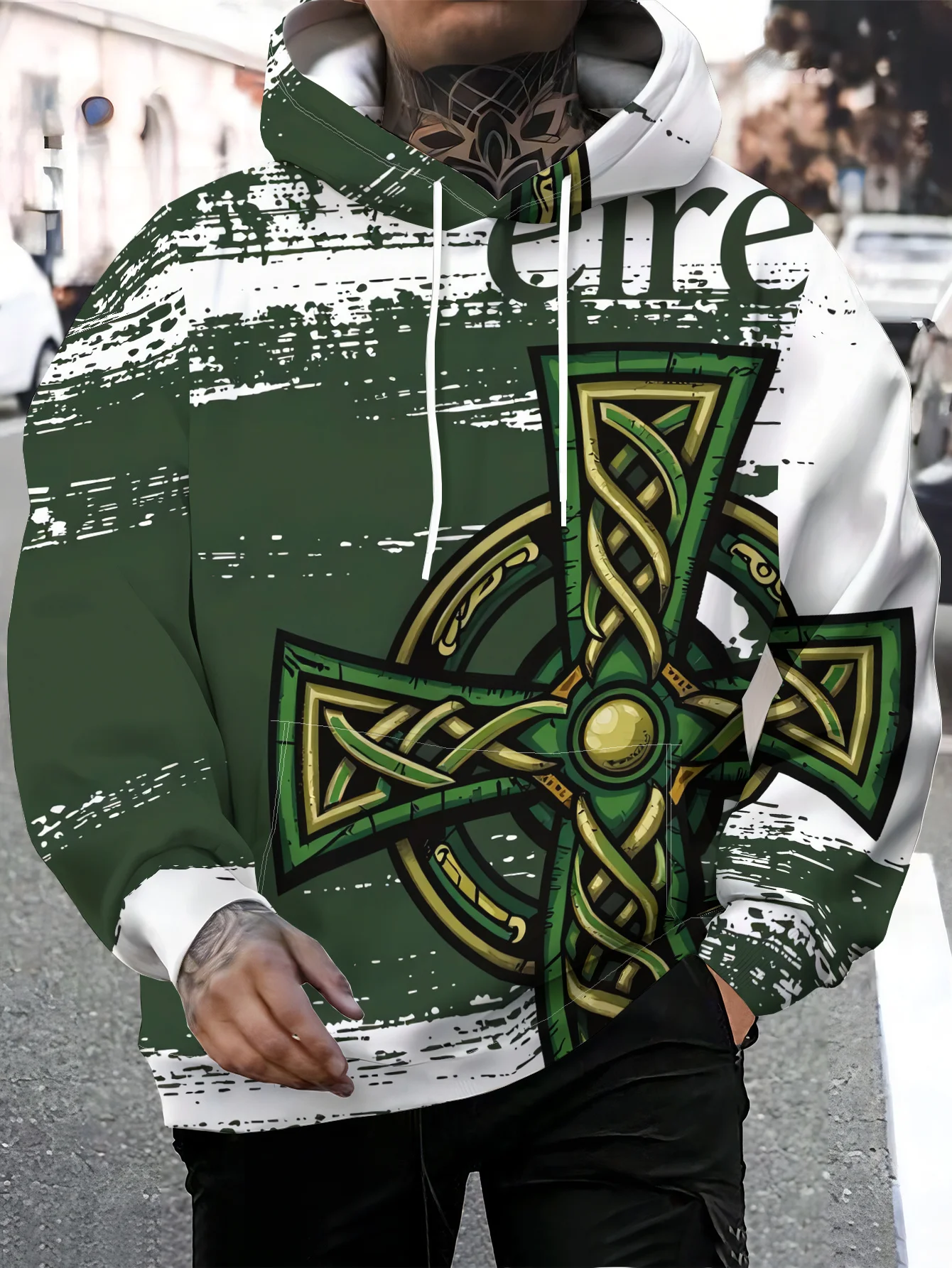 Men Irish Celtic Cross Knot 3D Print Hoodie Vintage Green White Distressed Graphic Pullover Sweatshirt With Pocket