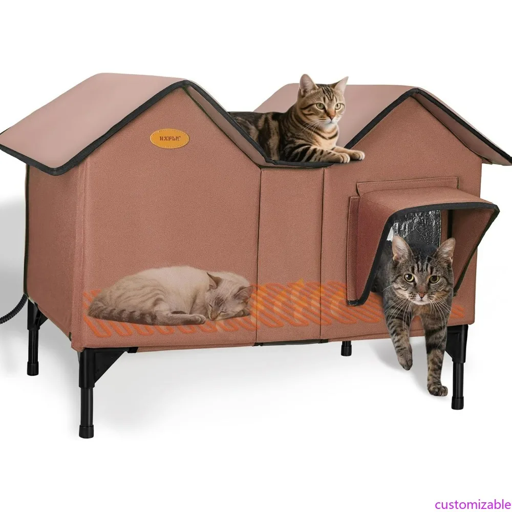 

Large Weather-Resistant Heated Outdoor Cat Shelter with Elevated Sleeping Area and Emergency Exit