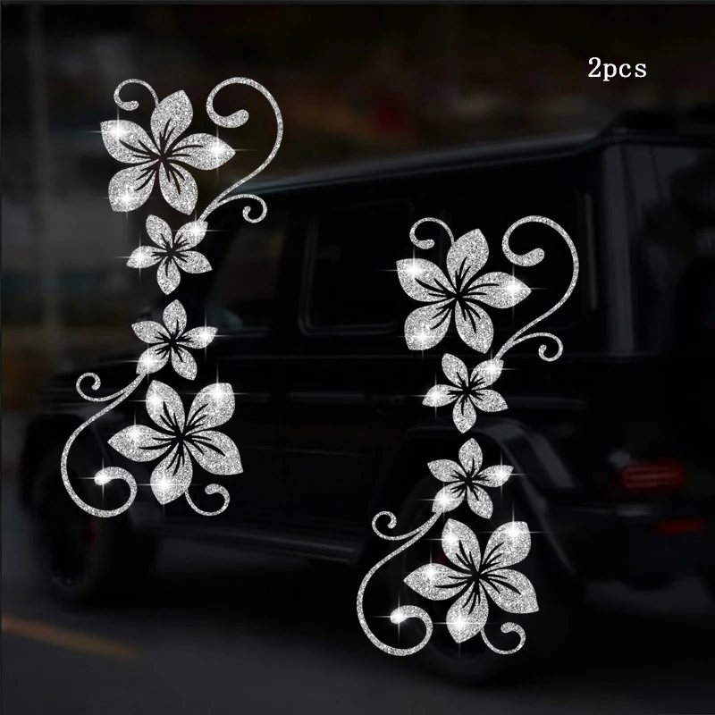 2pcs Sparkling Four Vine Flowers Car Stickers, Sparkling Plant Flower Patterns Stickers, Wall Sticker, Doors Sticker