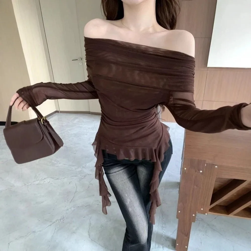 Streetwear Jellyfish Mesh Belt T-Shirt Korean Y2K Ins Elf Long Sleeve Slim Fit Crop Tops Off Shoulder Collar Irregular