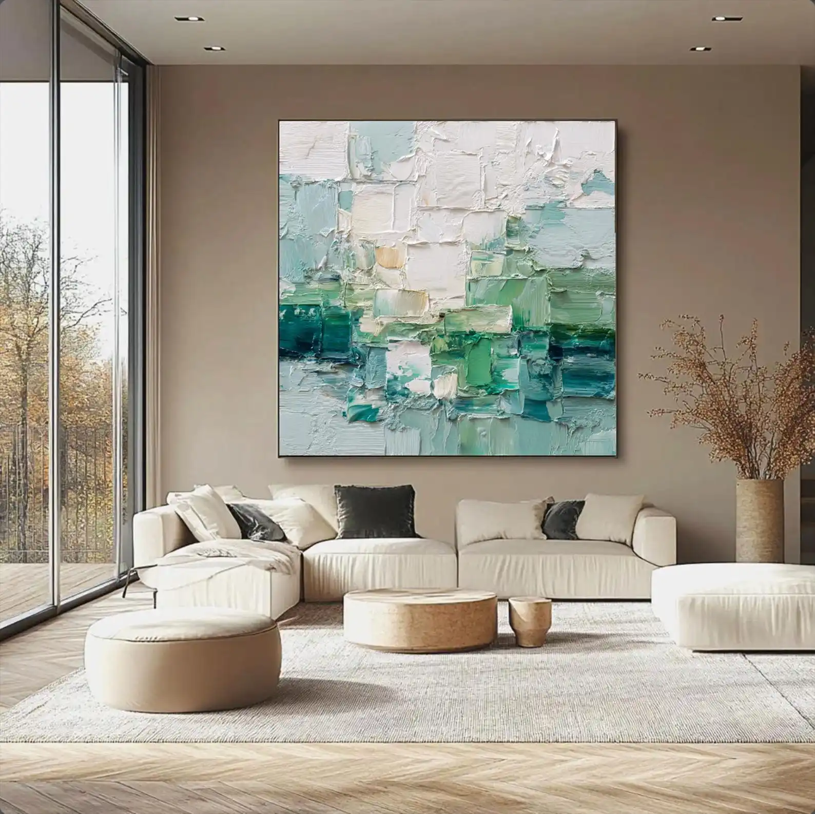 Mhemyo Original Wabi Sabi Abstract Hand-Painted Green Oil Painting Textured Art Modern Neutral Wall Art For Living or Home Decor