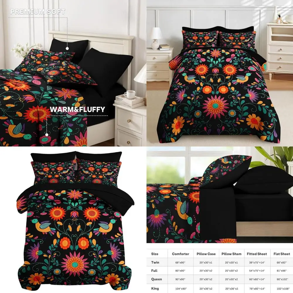 

Полноразмерный комплект одеял с мексиканскими цветами из 7 предметов — красочное постельное белье с цветочным принтом в стиле ретро для детей и взрослых с простыней, 2 наволочки