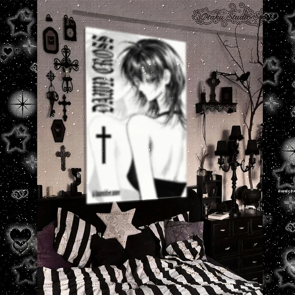 くらい Gothic Anime Tapestry, Old Sketch Style Wall Hanging, Cross Dark Aesthetic Room Decor, Grunge Y2K Wall Cloth For Bedroom Dor