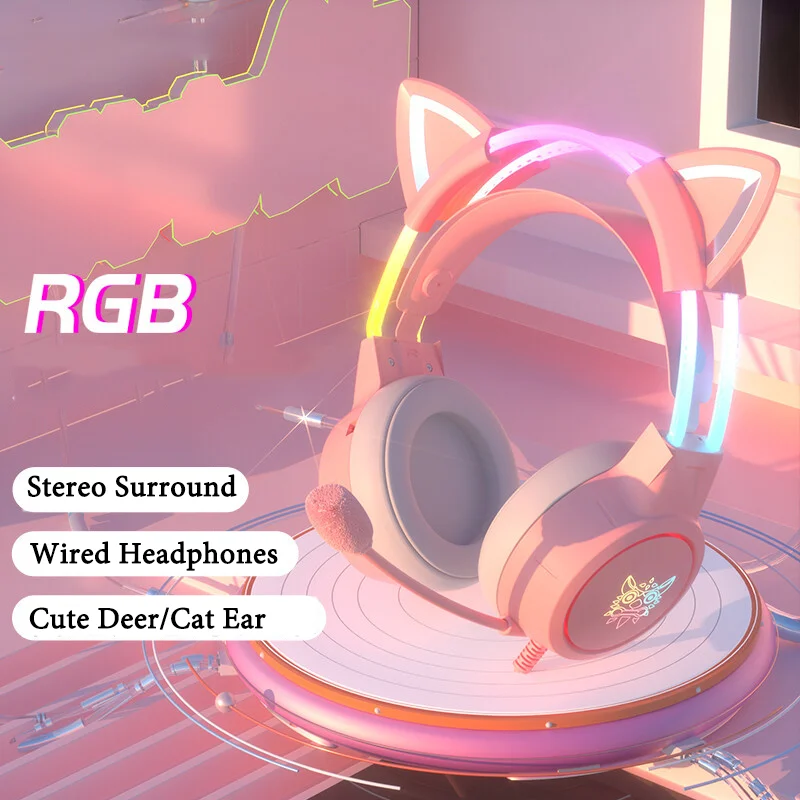 

Cute Deer/Cat Ear Gaming Headphones With Mic Wired Kawaii RGB Gamer Headset LED Light Stereo Earphones For PC Computer Girl Boy