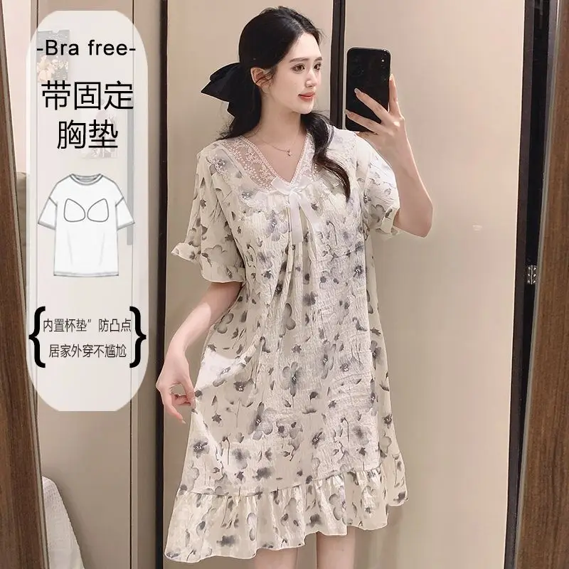 Camisón de talla grande con estampado floral y sujetador incorporado, ropa de casa coreana delgada de verano para mujer, pijama holgado de encaje de manga corta