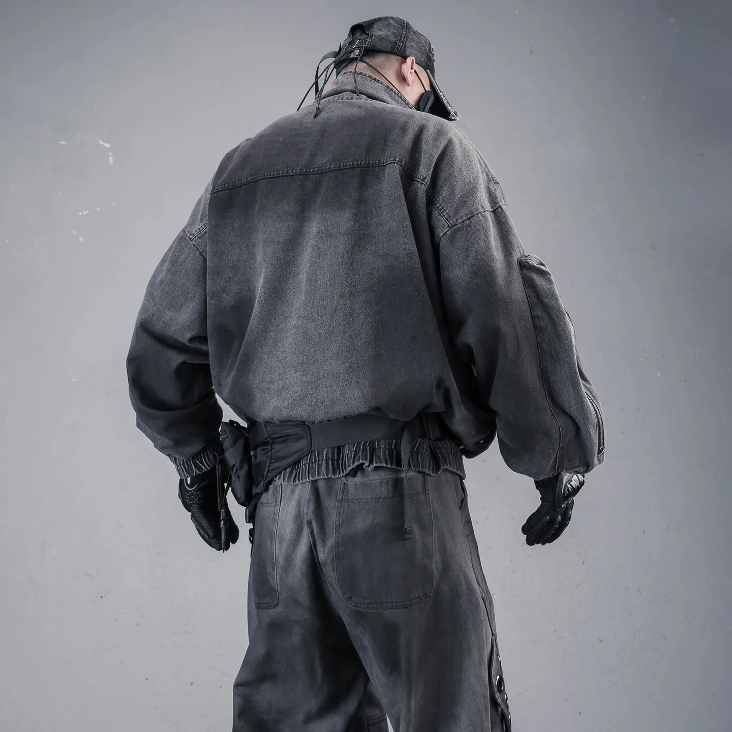 Niche Hard Core Heavy Techwear Eyelet Turtleneck Denim Jacket Punk Mechanical Sense Tactical Pocket Jacket Coat