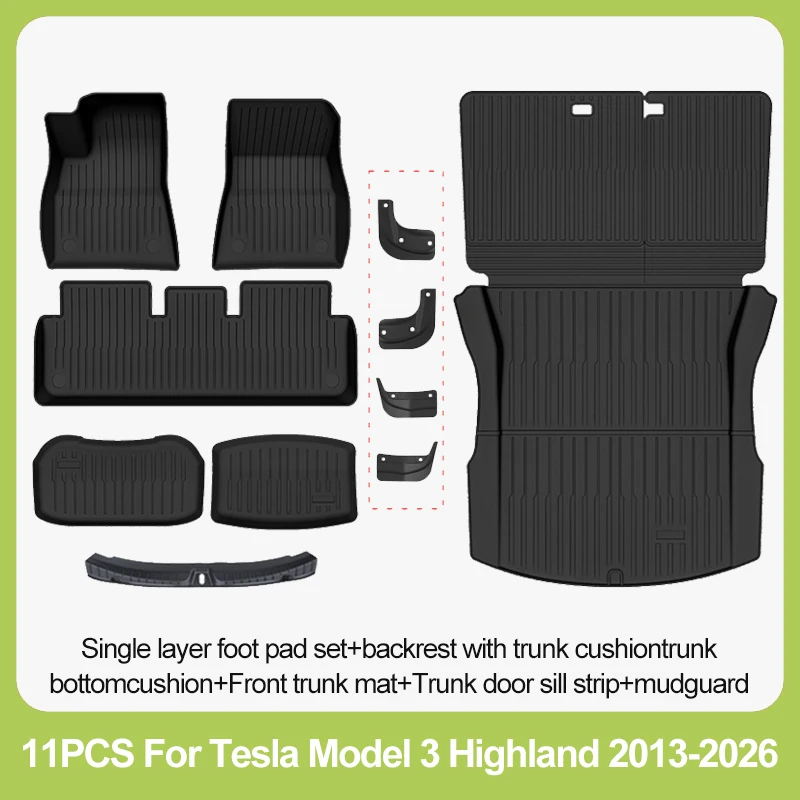 Autovloermatten voor Tesla Model 3 Highland 2024, 2025, 2026, all-weather TPE bagagematten voor en achter, opbergmat