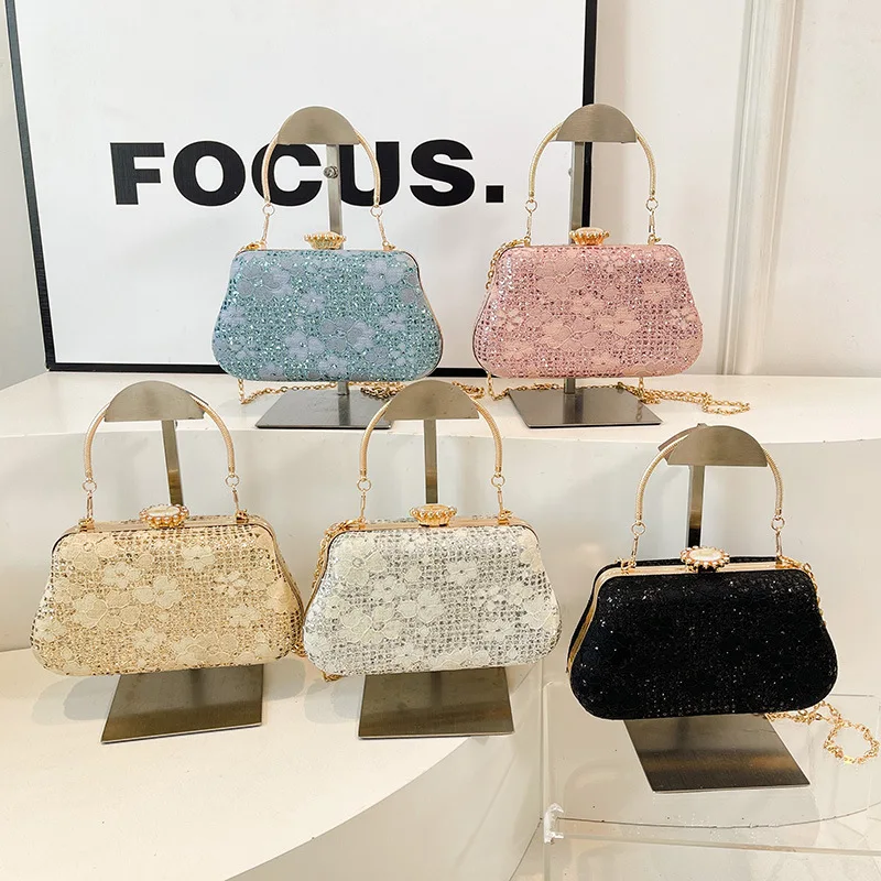 Lady Chain Crossbody Shoulder Bags Flower Rhinestone Decor Shining Banquet Clutch Bag Party Wedding Women Handbags Evening Bag