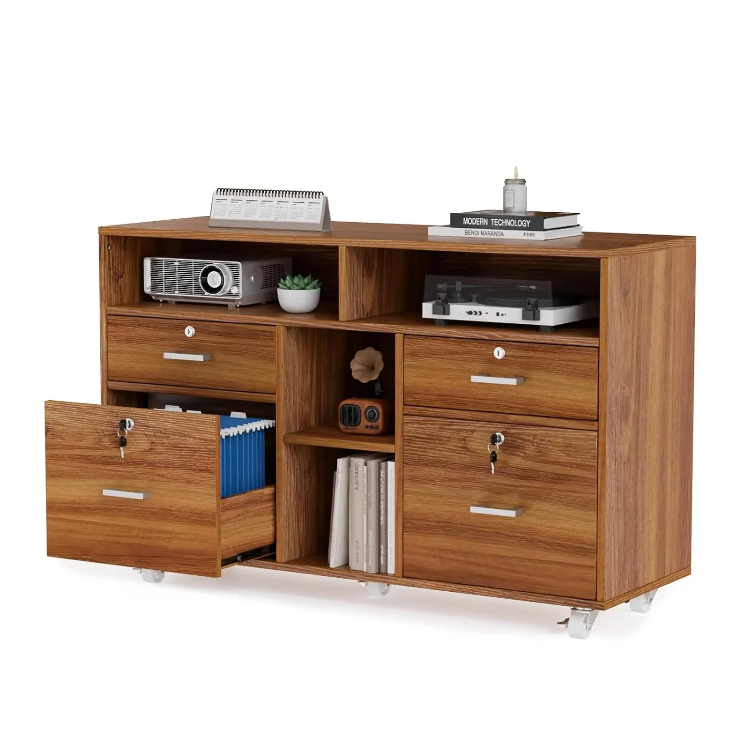 4-Drawer Lockable Rolling File Cabinet Open Shelves Walnut Wood Lateral Printer Stand Home Office Letter Size, Customized