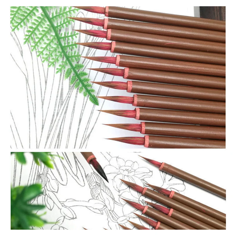 10 PCS Chinese Line Marking Pen Red Weasel Hair Ink Painting Brush Bamboo Handle Thin Line Brush Watercolor Oil Acrylic Supplies