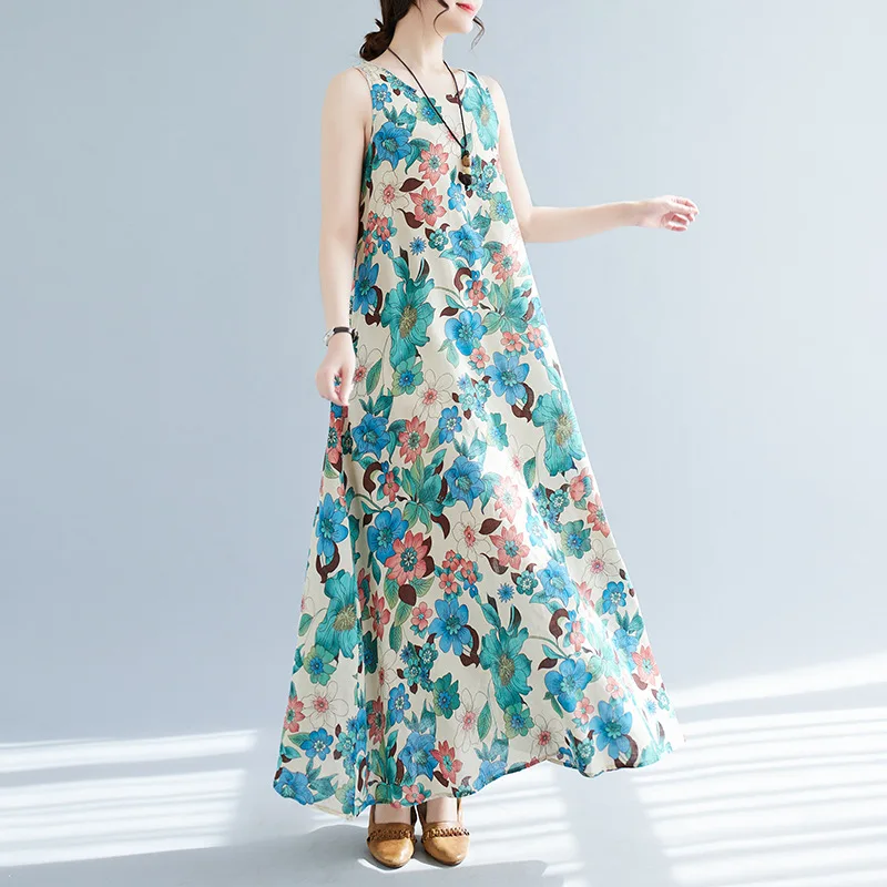 2025 Estate Nuovo Artistico Allentato Cotone E Stampa di Canapa O Collo Abito Senza Maniche Per Le Donne Alla Moda Della Boemia Grande Altalena Abito Lungo