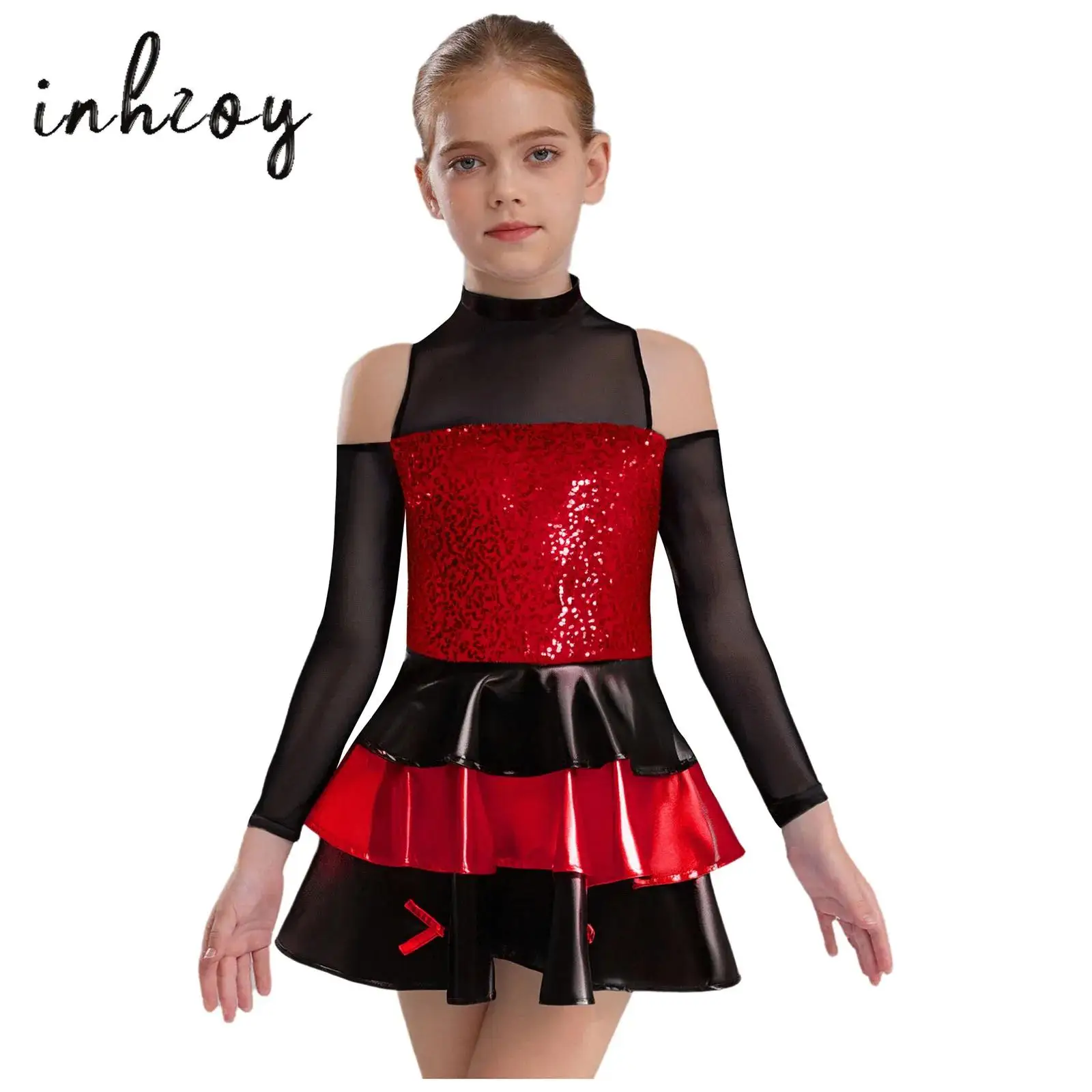 

Kids Girls Jazz Latin Dance Dress Mock Neck Long Sleeve Cold Shoulder Shiny Sequins Tiered Ruffled Dresses Ballet Tutu Dress