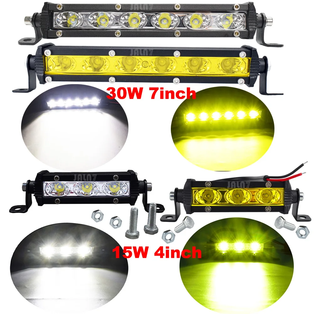 4''/7'' MOTO car 15W/30W LED Light Bar Single Row Work Spotlights Mini Led Lamp Bike Light 12V 24V White Yellow off road use