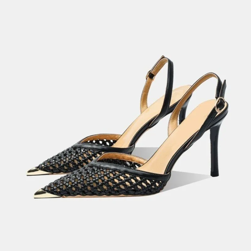 

Fashion Metallic Pointed Toe Shallow Mouth Slip Strap Non-Slip High Heels Woven Baotou Stiletto Sandals