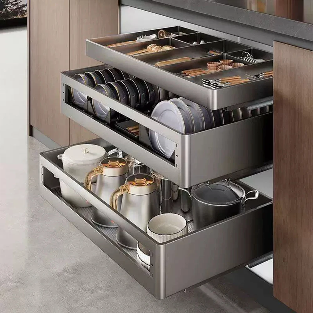 -oo Kitchen Cabinet Drawer Basket Three Layers Household Space Aluminum Stainless Steel Dish and Bowl Storage Drawer