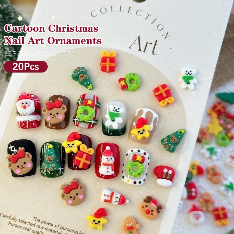 20Pcs Mixed 3D Cartoon Resin Christmas Series Nail Charms Cute Snowman Santa Claus Gift Festival Nail Art Decoration