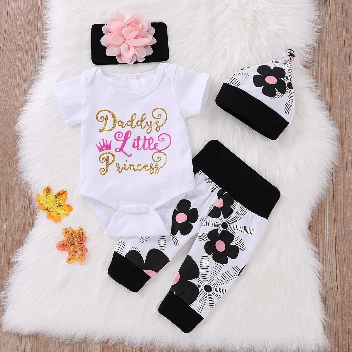 

4PCS Summer Outfits Toddler Girl Clothes Set Short Sleeve Romper Flower Pants with Hat&Headband for Newborn Baby Girl 0-18Months