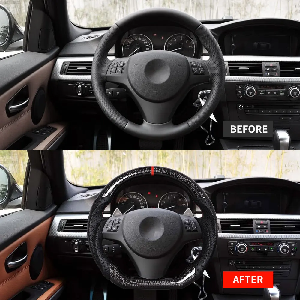 

Real Carbon Fiber Steering Wheel Red Stitching With DTC Paddle Hole Fit For BMW M3 E90 E92 E93 2005-2012 Car Upgrade Accessories