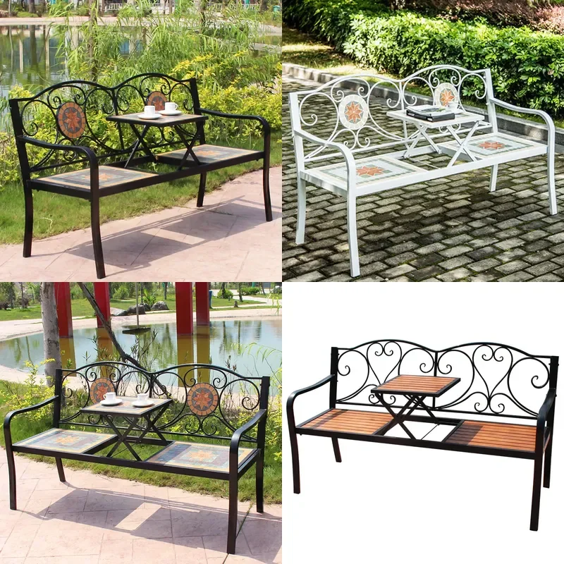 Rustic Wrought Iron and Wood Patio Furniture Set Outdoor Balcony Bench Table Combo for Courtyard Villa Garden Park Use