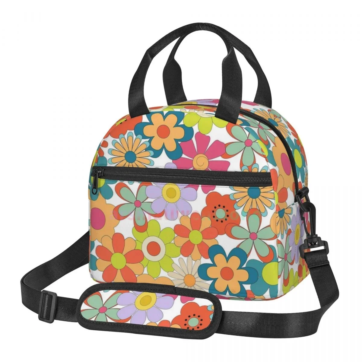 

Hippie Flowers Lunch Bag for Women Portable Thermal Insulated Lunch Box Picnic Multifunction Food Tote