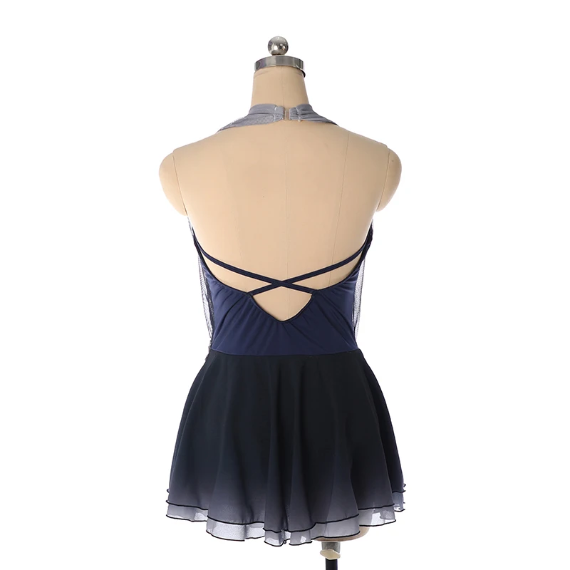 Nasinaya Figure skating outfit, ice skating outfit, performance outfit, sleeveless navy blue mesh, gradient silver flow view 4