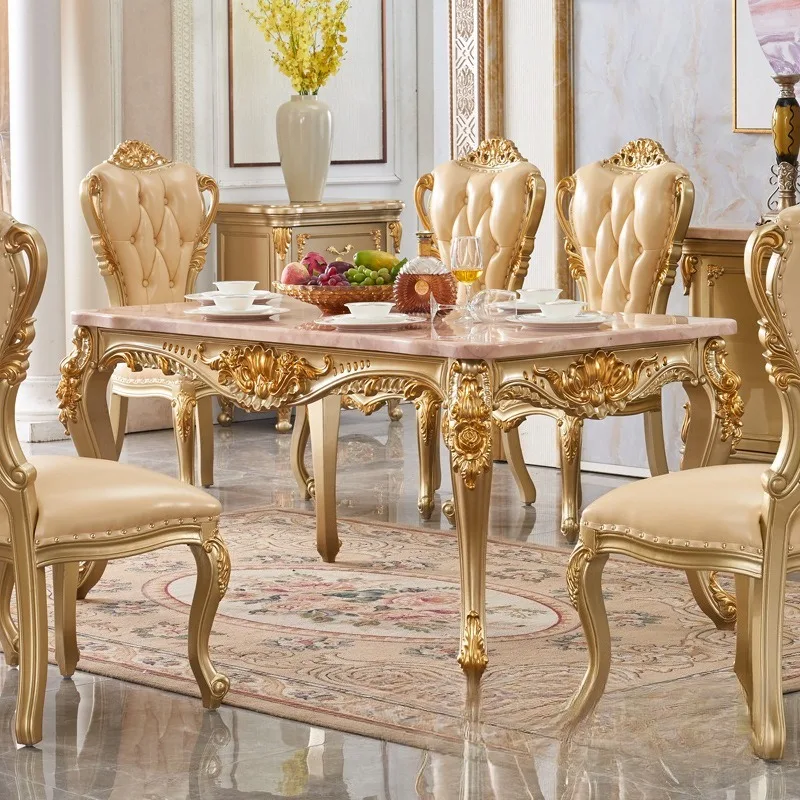 All solid wood dining  noble gold dining marble surface long dining  one and six chairs combination