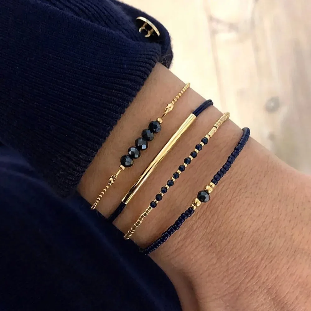 4PCS Fashion Black Glass Stone Bracelet Set For Women Bohemian Multilayer Stacked Rice Beaded Link Chain Jewelry