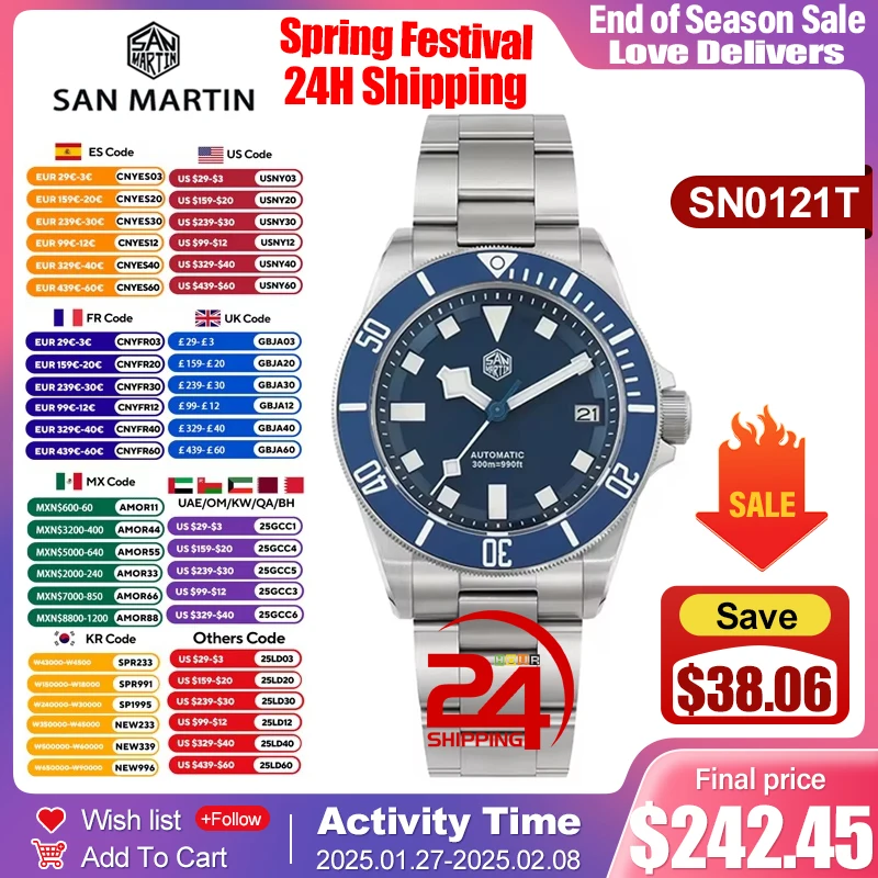 San Martin Titanium Dive Watch Fashion Sapphire BGW-9 Luminous Waterproof Waterproof NH35 Automatic Movement Men Watches