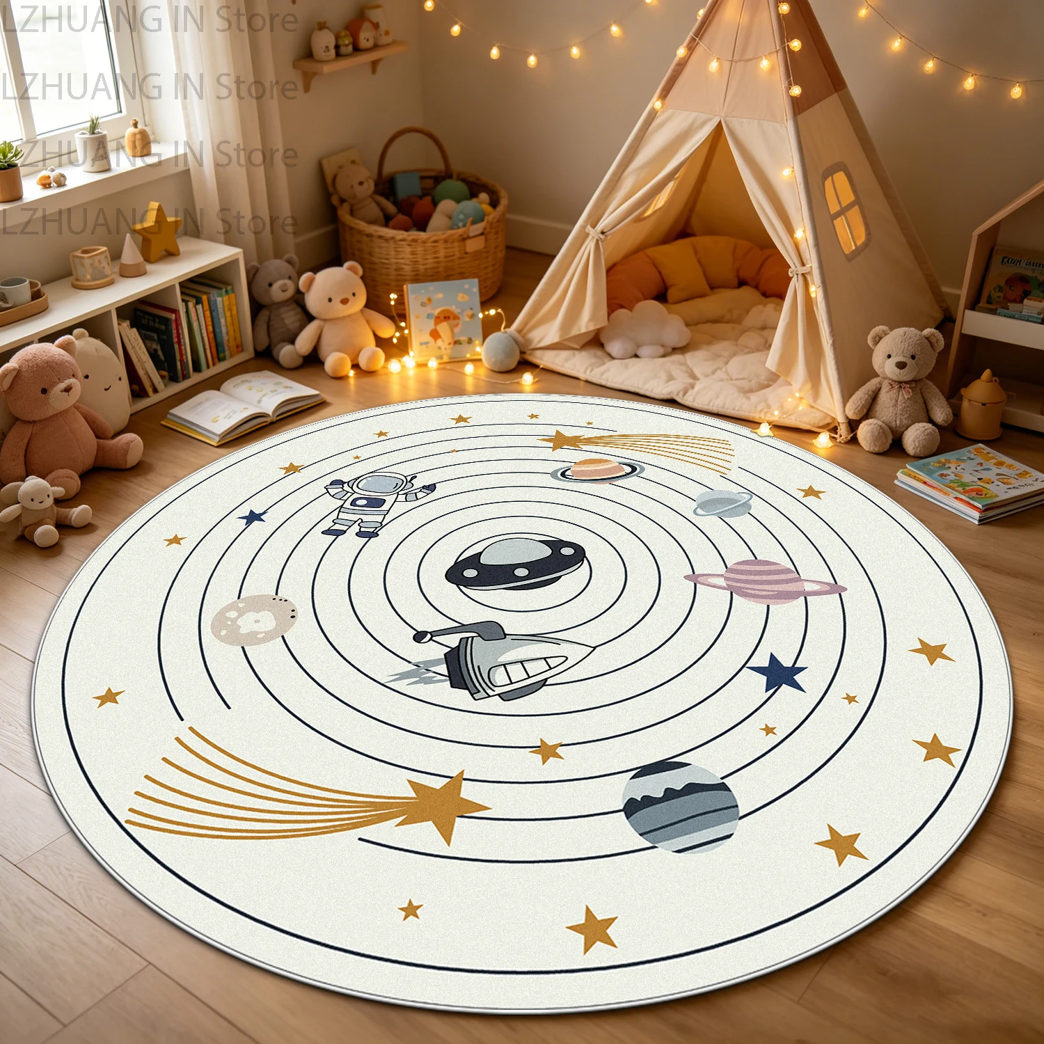 Cartoon Cute Space Round Carpet for Bedroom Washable Non-slip Soft European Tatami Rug Foldable Short Velvet living room mat