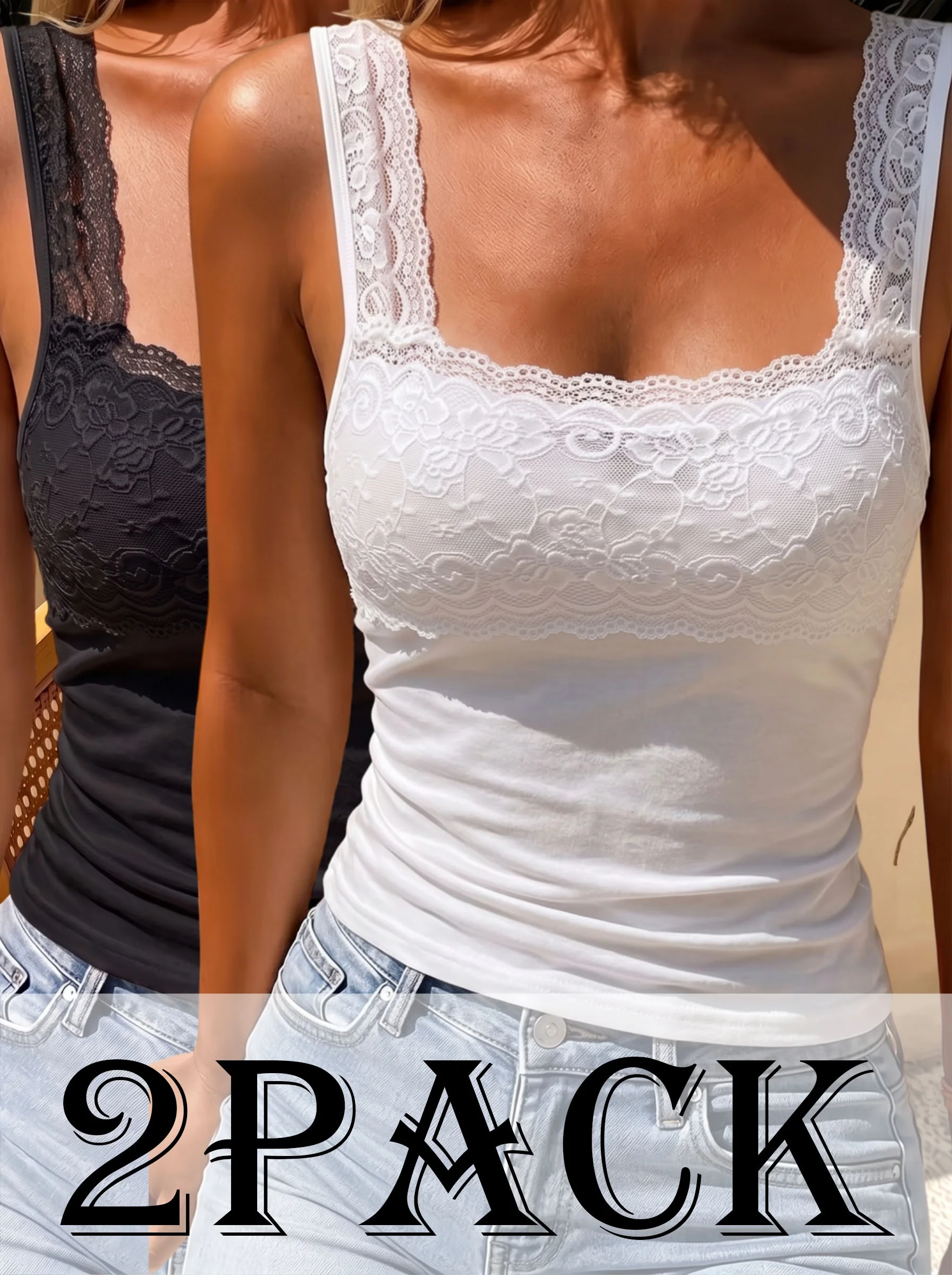 2-Pack of New Lace Patchwork Wide-Strap Camisoles, Versatile Basic Style, Comfortable and Breathable Fabric