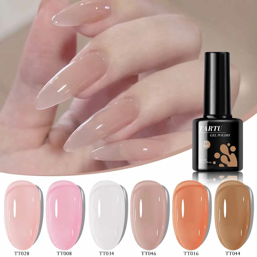 Un set di smalti gel semipermanenti a 6 colori in rosa verdastro, bianco crema, nudo e marrone rosso. UV/LED resistenti all'umidità.