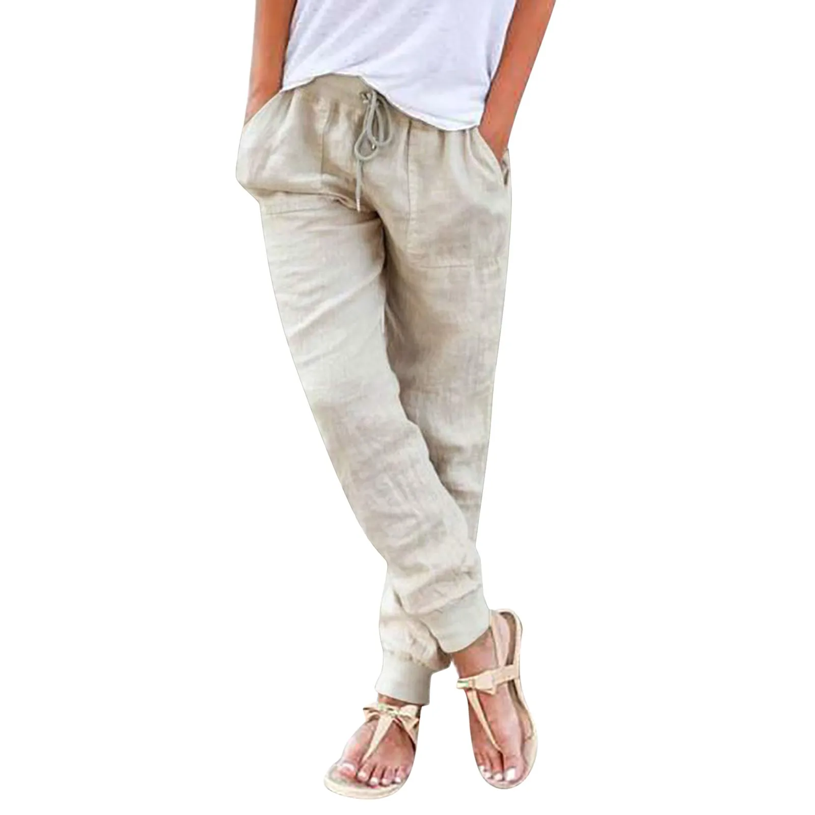 Womens Tapered Pants Drawstring Back Elastic Waist Pants Casual Trousers With Solid Casual Baggy Trousers All-Math Plain