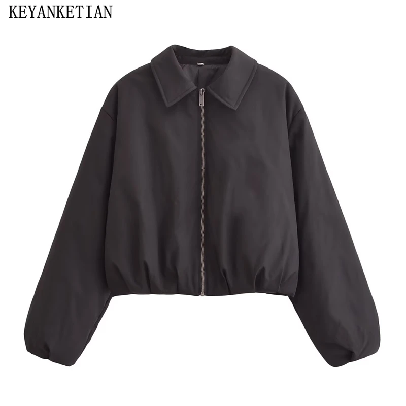 KEYANKETIAN 2024 Autumn/Winter New Women Thin Cotton-Padded Jacket Leisure style Turn Down Collar Zipper Black Blazer Short Top