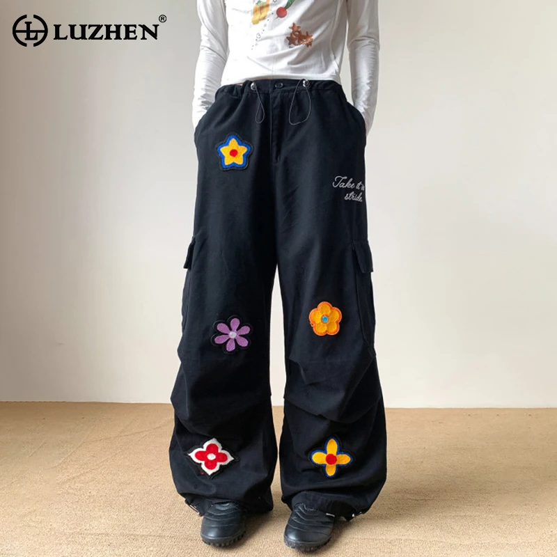 

LUZHEN модные нишевые узор с вышивкой в стиле пэчворк, свободные прямые брюки-карго, мужские брюки 2021, оригинальные карманы, украшенные брюки JY3958