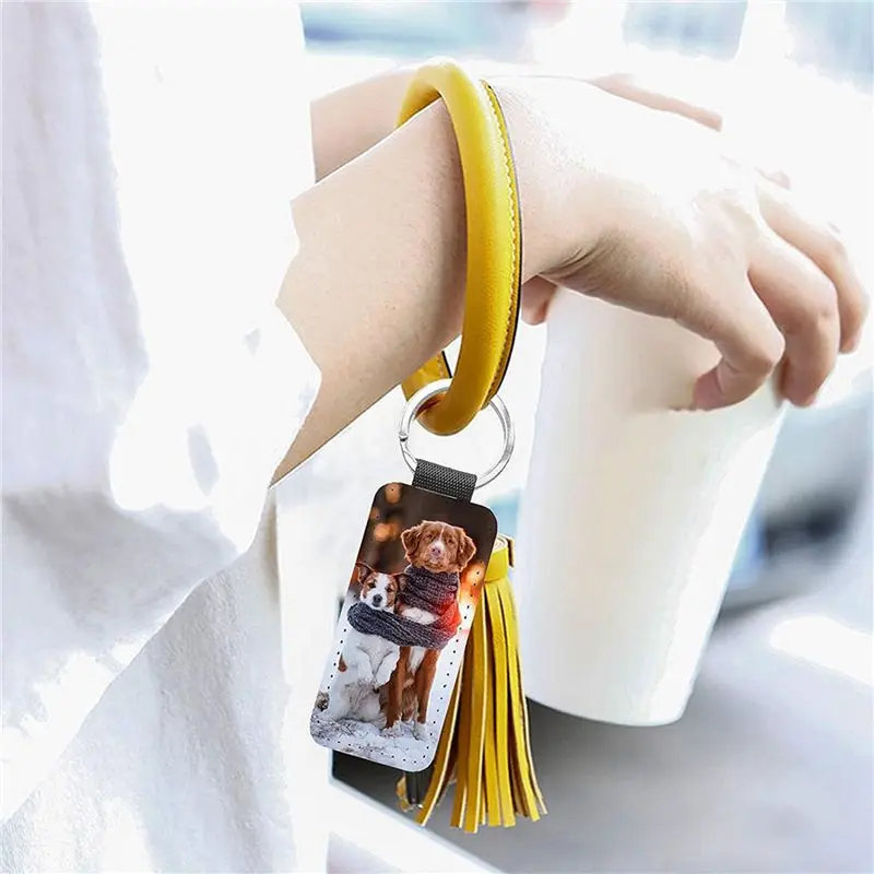 Delicate Texture-40Pack Sublimation Blanks Keychain Glitter PU Leather Keychain Heat Transfer Keyring Double-Sided Sublimation B