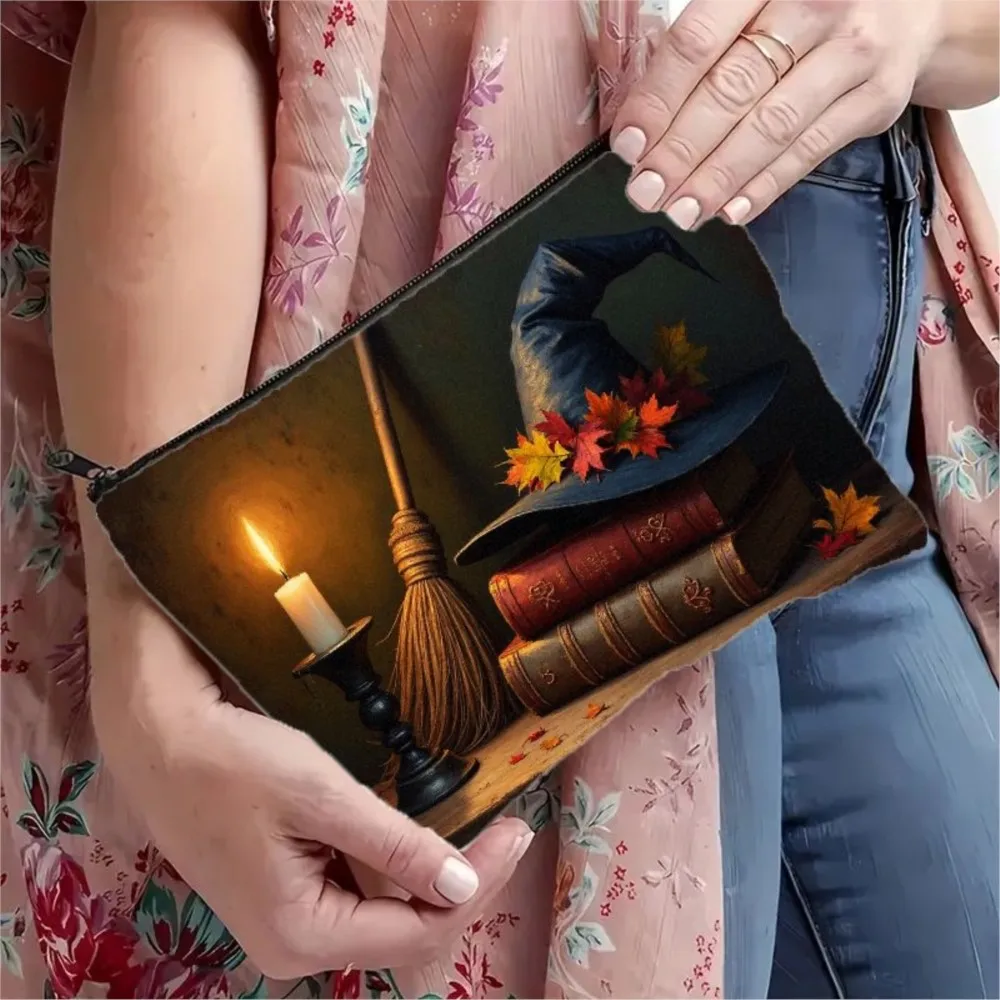3Pcs Portable Cosmetic Bag Featuring a Vintage Halloween Witch Hat And Magic Books Design, Complete with a Zipper Closure