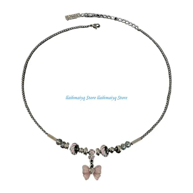 573B Gargantilla con colgante lazo único, cadena clavicular elegante, joyería con cuentas rosas para cuello