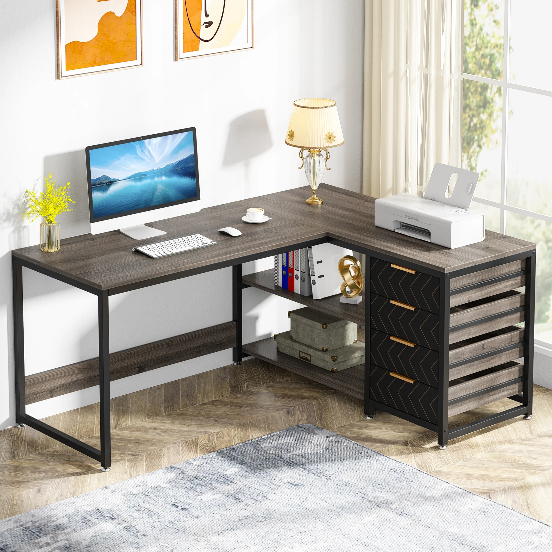 Tribesigns L-vormig computerbureau met opbergladen, 59 inch hoekbureau met planken, omkeerbaar L-vormig bureau Studie - afbeelding 1