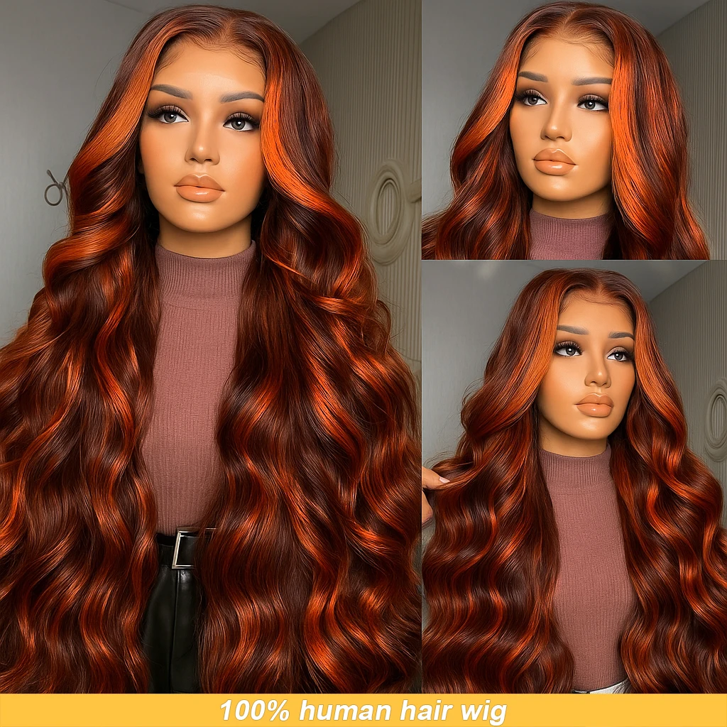 

P4/350 градиентные цветные объемные волны парики 5x5 прозрачный парик из натуральных волос на кружеве спереди оранжевый парик с бликами для женщин предварительно отбеленные